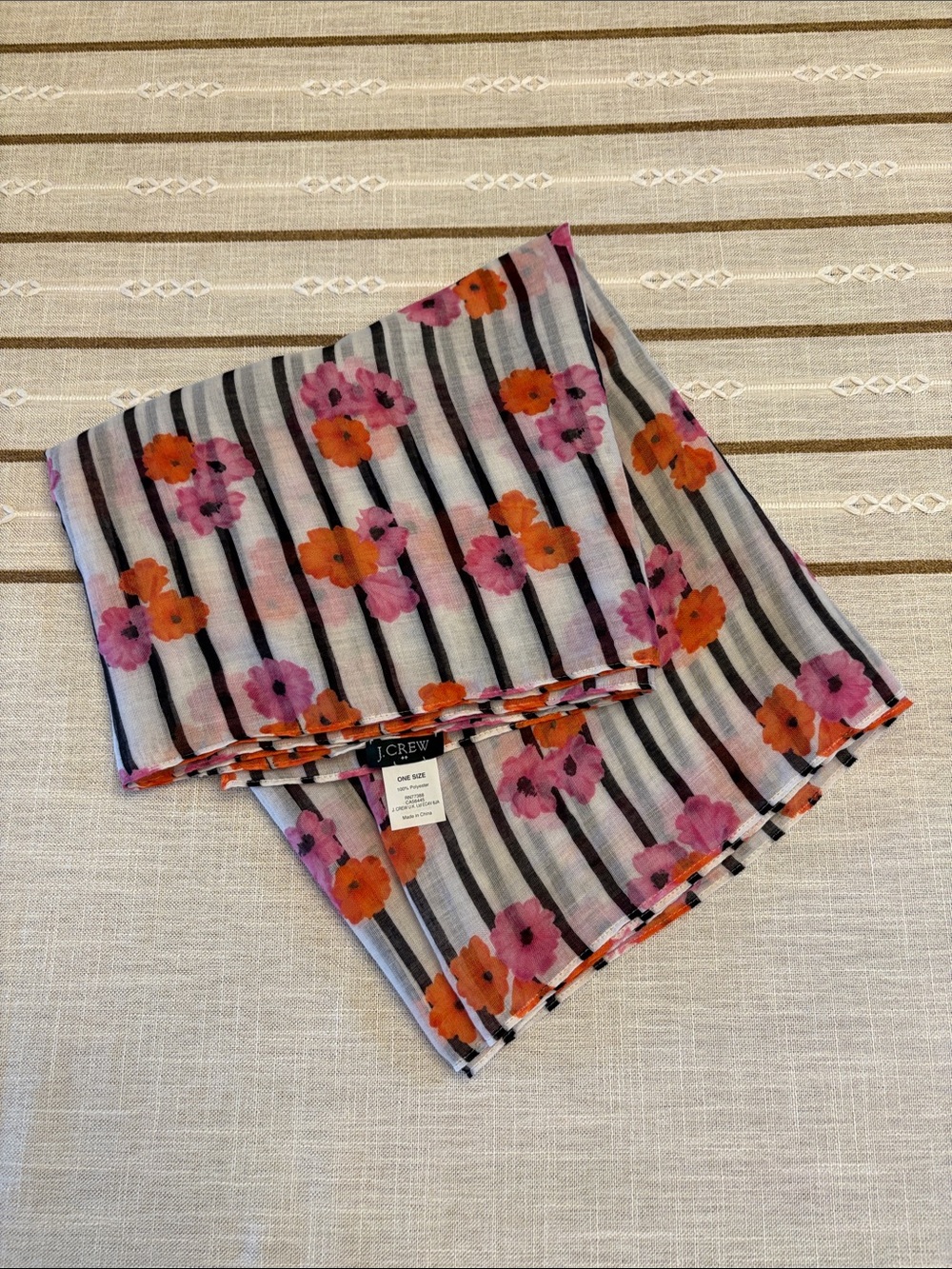 J. Crew Black & White Striped Scarf with Pink and Orange Floral Print